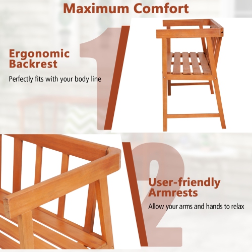Topbuy 2-Person Outdoor Bench, Patio Wooden Bench with Ergonomic Backrest & Armrests, All-weather Eucalyptus Wood Frame 43" x 18"