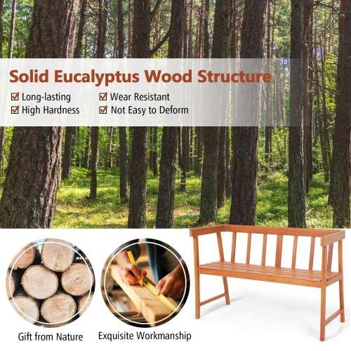 Topbuy 2-Person Outdoor Bench, Patio Wooden Bench with Ergonomic Backrest & Armrests, All-weather Eucalyptus Wood Frame 43" x 18"