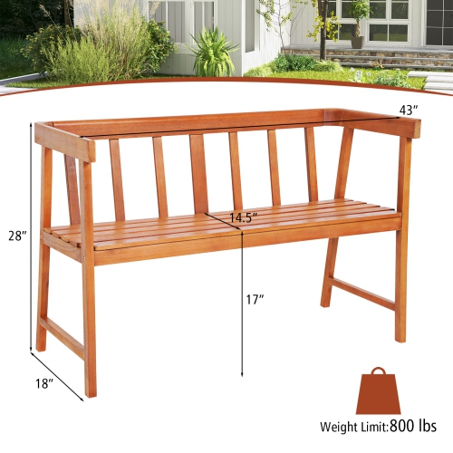 Topbuy 2-Person Outdoor Bench, Patio Wooden Bench with Ergonomic Backrest & Armrests, All-weather Eucalyptus Wood Frame 43" x 18"