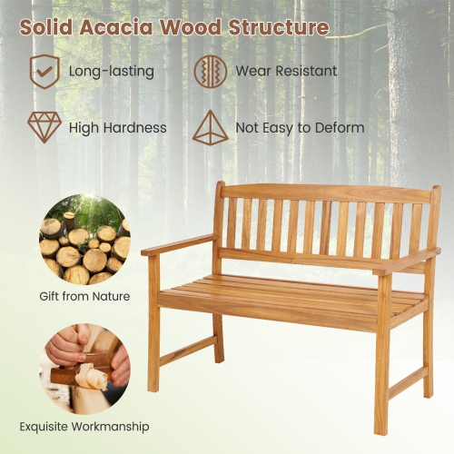 Topbuy 2-Person Outdoor Bench Patio Wooden Bench with Ergonomic Backrest & Armrests All-weather Acacia Wood Frame 43"x 22"