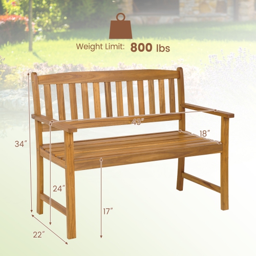 Topbuy 2-Person Outdoor Bench Patio Wooden Bench with Ergonomic Backrest & Armrests All-weather Acacia Wood Frame 43"x 22"