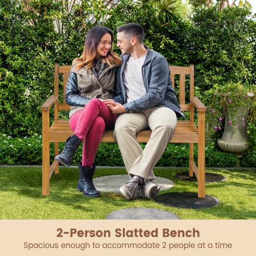 Topbuy 2-Person Outdoor Bench Patio Wooden Bench with Ergonomic Backrest & Armrests All-weather Acacia Wood Frame 43"x 22"