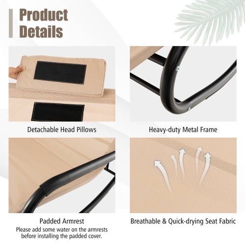 Gymax Outdoor 2-Person Double Rocking Chaise Lounge w/ Canopy & Wheels Metal Frame