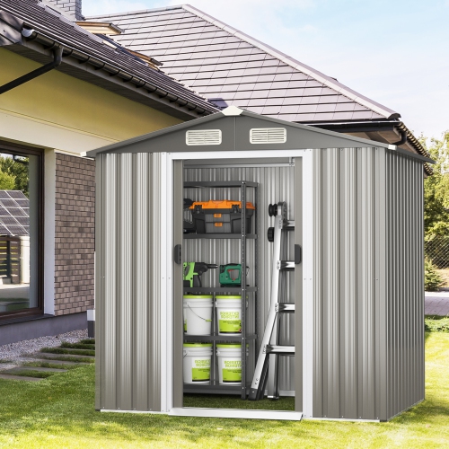 Topbuy 6' x 4' Outdoor Storage Shed Weather Resistant Galvanized Steel Shed with Tilted Roof Lockable Sliding Doors & 4 Air Vents