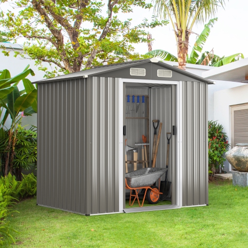 Topbuy 6' x 4' Outdoor Storage Shed Weather Resistant Galvanized Steel Shed with Tilted Roof Lockable Sliding Doors & 4 Air Vents
