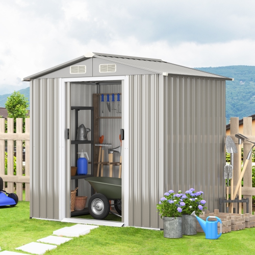 Topbuy 6' x 4' Outdoor Storage Shed Weather Resistant Galvanized Steel Shed with Tilted Roof Lockable Sliding Doors & 4 Air Vents