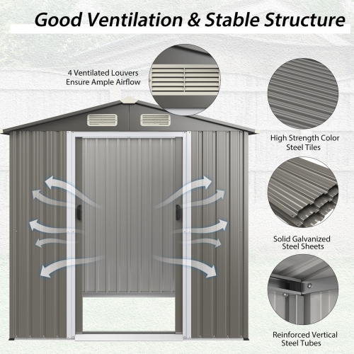 Topbuy 6' x 4' Outdoor Storage Shed Weather Resistant Galvanized Steel Shed with Tilted Roof Lockable Sliding Doors & 4 Air Vents