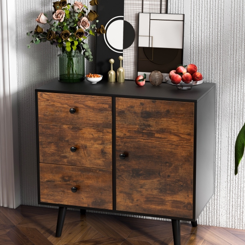 Topbuy Storage Cabinet with 3 Drawers and Door Cabinet Industrial Wood Accent Cabinet with Adjustable Shelf