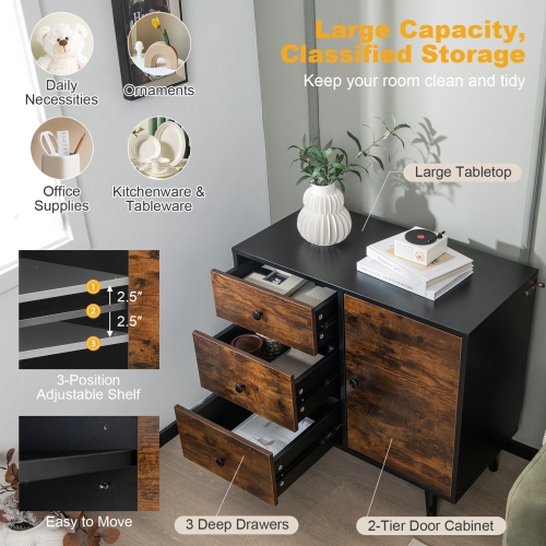Topbuy Storage Cabinet with 3 Drawers and Door Cabinet Industrial Wood Accent Cabinet with Adjustable Shelf