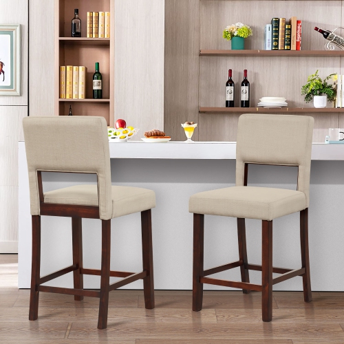 Gymax 4-Piece Linen Fabric/PVC Leather Counter Height Bar Stool Set w/ Back & Rubber Wood Legs