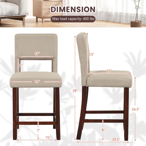 Gymax 4-Piece Linen Fabric/PVC Leather Counter Height Bar Stool Set w/ Back & Rubber Wood Legs