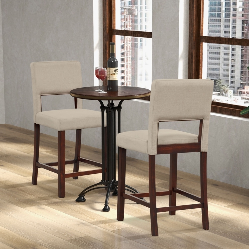 Gymax 4-Piece Linen Fabric/PVC Leather Counter Height Bar Stool Set w/ Back & Rubber Wood Legs