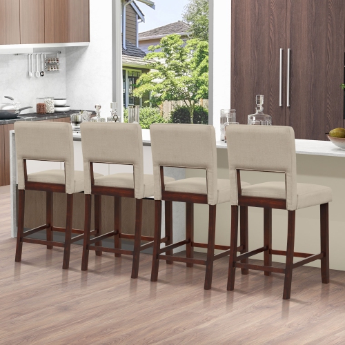 Gymax 4-Piece Linen Fabric/PVC Leather Counter Height Bar Stool Set w/ Back & Rubber Wood Legs