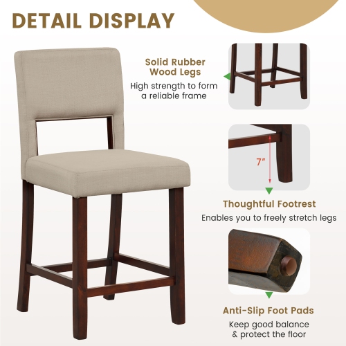 Gymax 4-Piece Linen Fabric/PVC Leather Counter Height Bar Stool Set w/ Back & Rubber Wood Legs