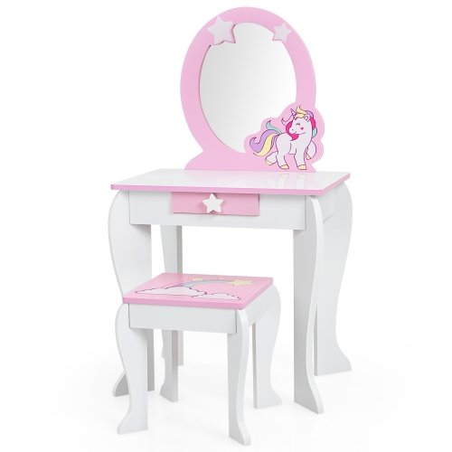 Topbuy 2-in-1 Kids Vanity Set Makeup Table & Chair Set for Toddlers w/Detachable Mirror Pink/White