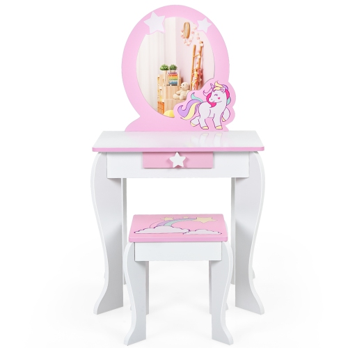 Topbuy 2-in-1 Kids Vanity Set Makeup Table & Chair Set for Toddlers w/Detachable Mirror Pink/White