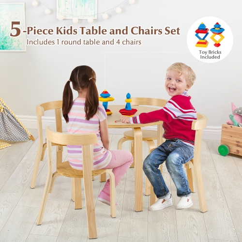Gymax 5-Piece Kids Wooden Curved Back Activity Table & Chair Set w/Toy Bricks