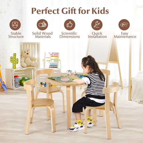 Gymax 5-Piece Kids Wooden Curved Back Activity Table & Chair Set w/Toy Bricks