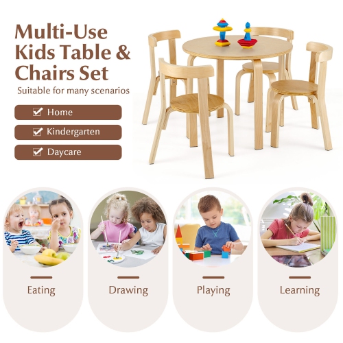 Gymax 5-Piece Kids Wooden Curved Back Activity Table & Chair Set w/Toy Bricks