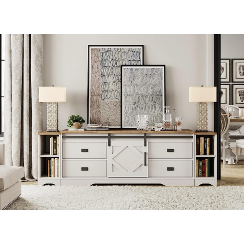 WAMPAT Modern Farmhouse TV Stand for up to 85" TVs Wood Media Console Table Storage Cabinet with Open Storage,Entertainment Center with Drawers and