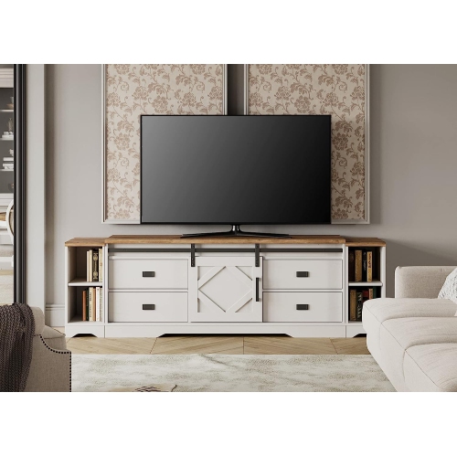 WAMPAT Modern Farmhouse TV Stand for up to 85" TVs Wood Media Console Table Storage Cabinet with Open Storage,Entertainment Center with Drawers and