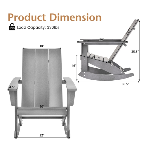Costway Patio Adirondack Rocking Chair All Weather HDPE Porch Rocker 330lbs Grey Outdoor
