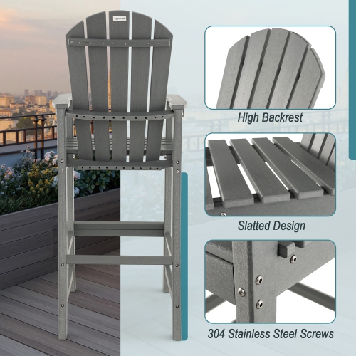 Costway Outdoor HDPE Bar Height Stool Patio Tall Chair Armrest Footrest All Weather Grey