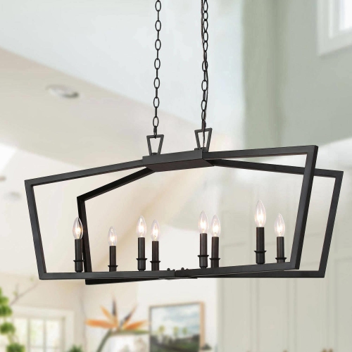UOLFIN  Modern Kitchen Island Candlestick Chandelier 37 In. 8-Light Farmhouse Island Dining Room Cage Chandelier In Black