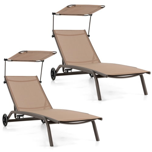 TOPBUY  1PC/2PCs Outdoor Chaise Lounge Chair Mobile Tanning Chair W/ 6 Reclining Positions Adjustable Canopy Shade Cup Holder & Wheels