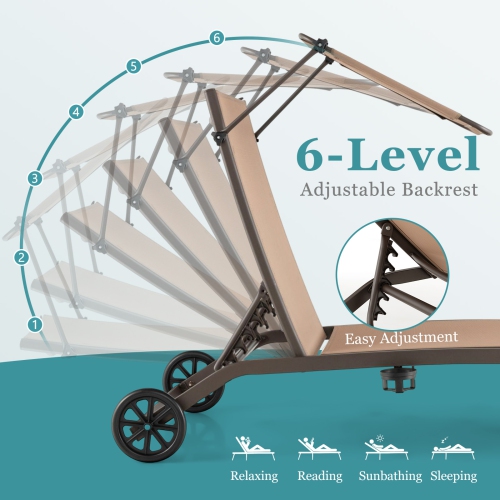 Topbuy 1PC/2PCS Outdoor Chaise Lounge Chair Mobile Tanning Chair w/ 6 Reclining Positions Adjustable Canopy Shade Cup Holder & Wheels