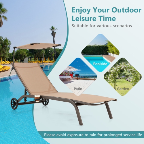 Topbuy 1PC/2PCS Outdoor Chaise Lounge Chair Mobile Tanning Chair w/ 6 Reclining Positions Adjustable Canopy Shade Cup Holder & Wheels