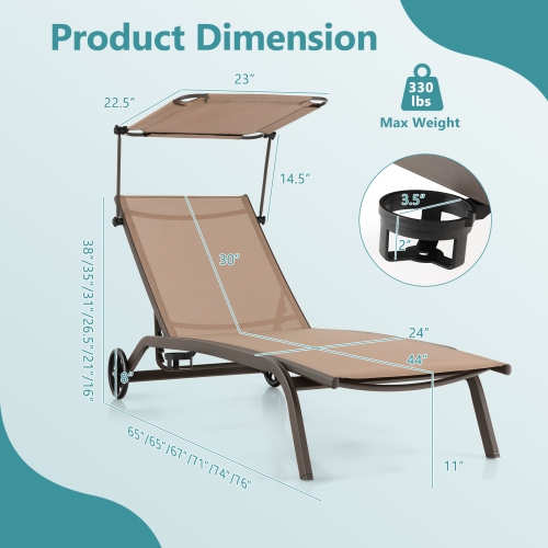 Topbuy 1PC/2PCS Outdoor Chaise Lounge Chair Mobile Tanning Chair w/ 6 Reclining Positions Adjustable Canopy Shade Cup Holder & Wheels