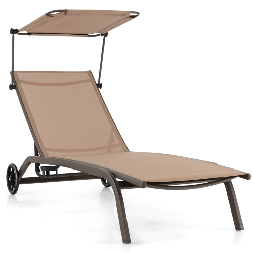 TOPBUY  1PC/2PCs Outdoor Chaise Lounge Chair Mobile Tanning Chair W/ 6 Reclining Positions Adjustable Canopy Shade Cup Holder & Wheels