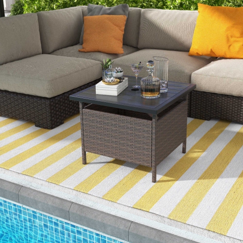 Gymax 22'' Patio Rattan Square Side End Table Garden Bistro Umbrella Stand Table W/Hole