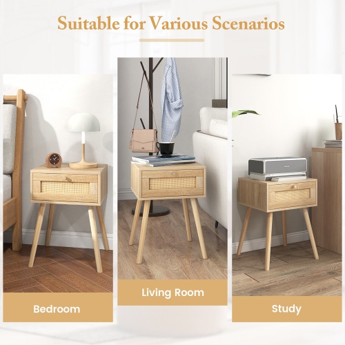 Gymax 2 PCS Nightstand Bedside Sofa Table with Rattan Drawer for Bedroom & Living Room