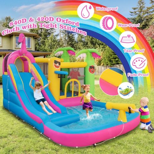 Topbuy 6-In-1 Dry Wet Combo Water Slide Inflatable Bouncy House with Splashing Pool Water Gun & Climbing Wall Blowup Jumping Castle