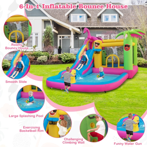 Topbuy 6-In-1 Dry Wet Combo Water Slide Inflatable Bouncy House with Splashing Pool Water Gun & Climbing Wall Blowup Jumping Castle