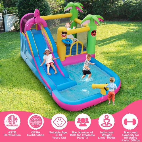 Topbuy 6-In-1 Dry Wet Combo Water Slide Inflatable Bouncy House with Splashing Pool Water Gun & Climbing Wall Blowup Jumping Castle