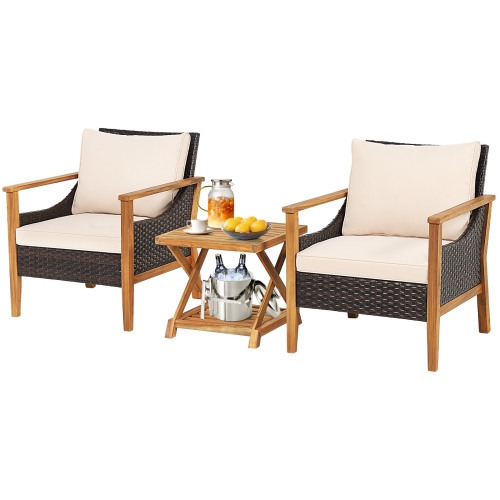TOPBUY  3 Pieces Pe Wicker Patio Bistro Set Outdoor Acacia Wood Conversation Set With Cushions And 2-Tier Coffee Table