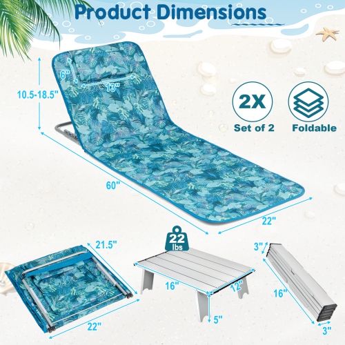 Topbuy 2 Pack Beach Chairs Set with Side Table Folding Backpack Beach Chairs with 5 Adjustable Position Zipper Pocket