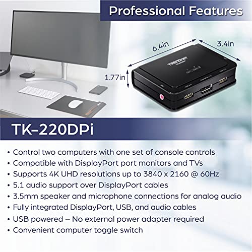 TRENDnet 2-Port 4K DisplayPort KVM Switch TK-220DPi TK-220DPI