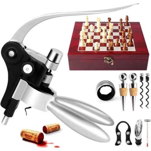 Ensemble d’ouvre-bouteille de vin 2-en-1 avec jeu d’échecs pour amateurs de vin et d’échecs, boîte en bois classique avec plateau d’échecs et 9