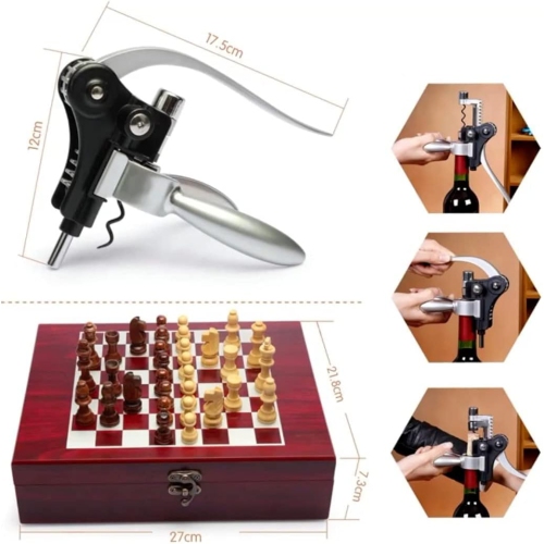 Ensemble d’ouvre-bouteille de vin 2-en-1 avec jeu d’échecs pour amateurs de vin et d’échecs, boîte en bois classique avec plateau d’échecs et 9