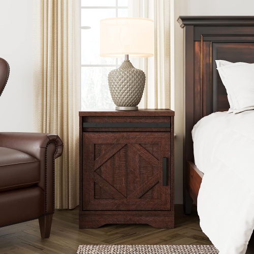 WAMPAT End Table, Pedestal Side Table with Drawer and Cabinet Wood Bedside Table Nightstands for Living Room Bedroom,Rustic Brown