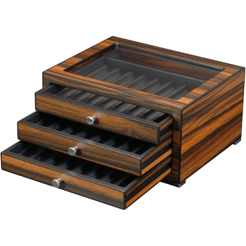 Arolly 3-Drawers with 24 Slots Pencil Fountain Pen Ebony Wood Display Case Holder Storage Organizer with Glass Top Lid