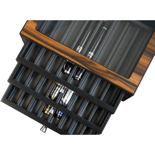 Arolly 3-Drawers with 24 Slots Pencil Fountain Pen Ebony Wood Display Case Holder Storage Organizer with Glass Top Lid