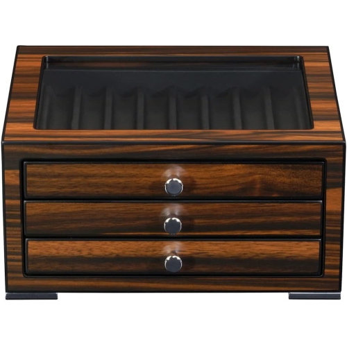 Arolly 3-Drawers with 24 Slots Pencil Fountain Pen Ebony Wood Display Case Holder Storage Organizer with Glass Top Lid