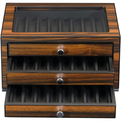 Arolly 3-Drawers with 24 Slots Pencil Fountain Pen Ebony Wood Display Case Holder Storage Organizer with Glass Top Lid