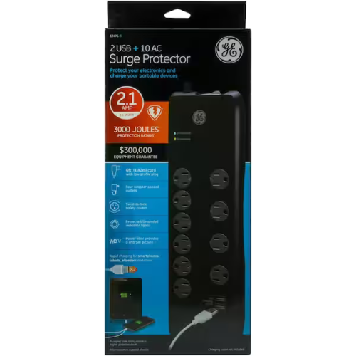 GE 13476 2 USB +10 AC Surge Protector2.1Amp 10watts 3000 Joules