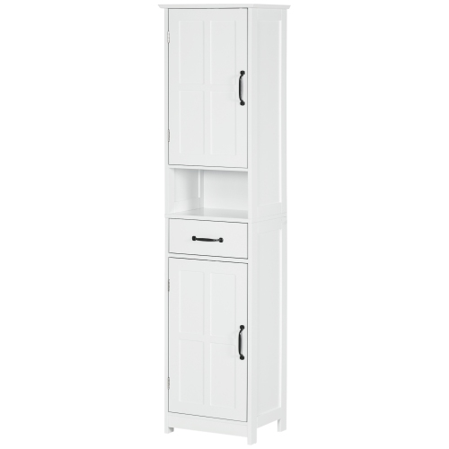 KLEANKIN  Bathroom Storage Cabinet, Narrow Bathroom Cabinet With Open Shelf, Drawer, Recessed Doors And Adjustable Shelves In White